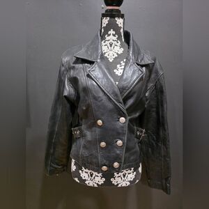 Vtg Black Crop Double Breast Leather Moto Jacket Military Calvary Sz S Flaw